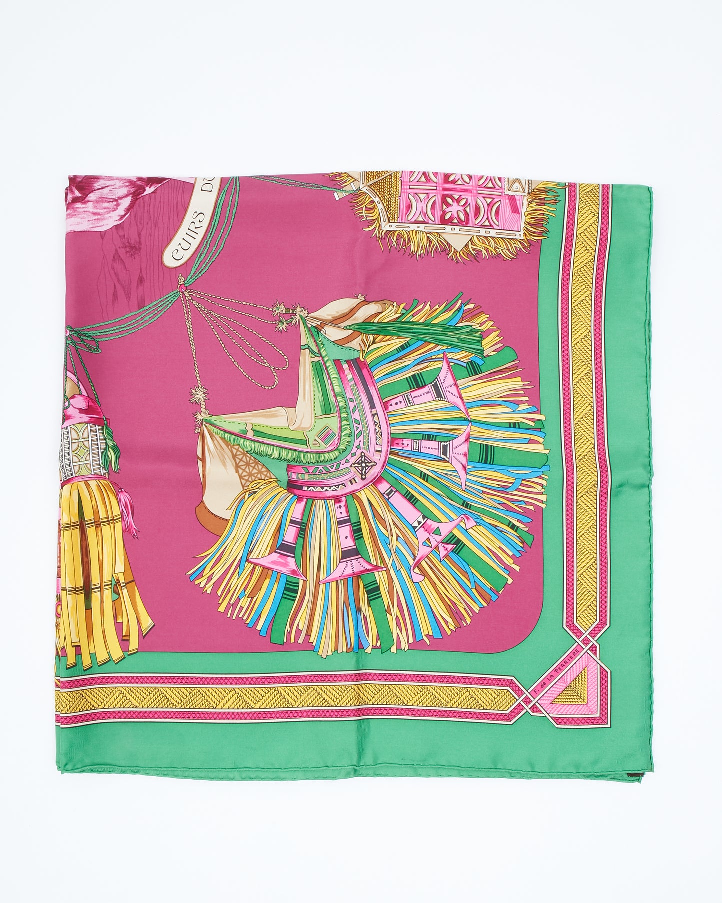 Hermes Vert/Fuchsia/Jaune Cuirs Du Desert Print Silk Scarf 90