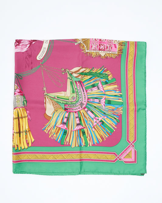 Hermes Green/Fuchsia/Yellow Cuirs Du Desert Print Silk Scarf 90