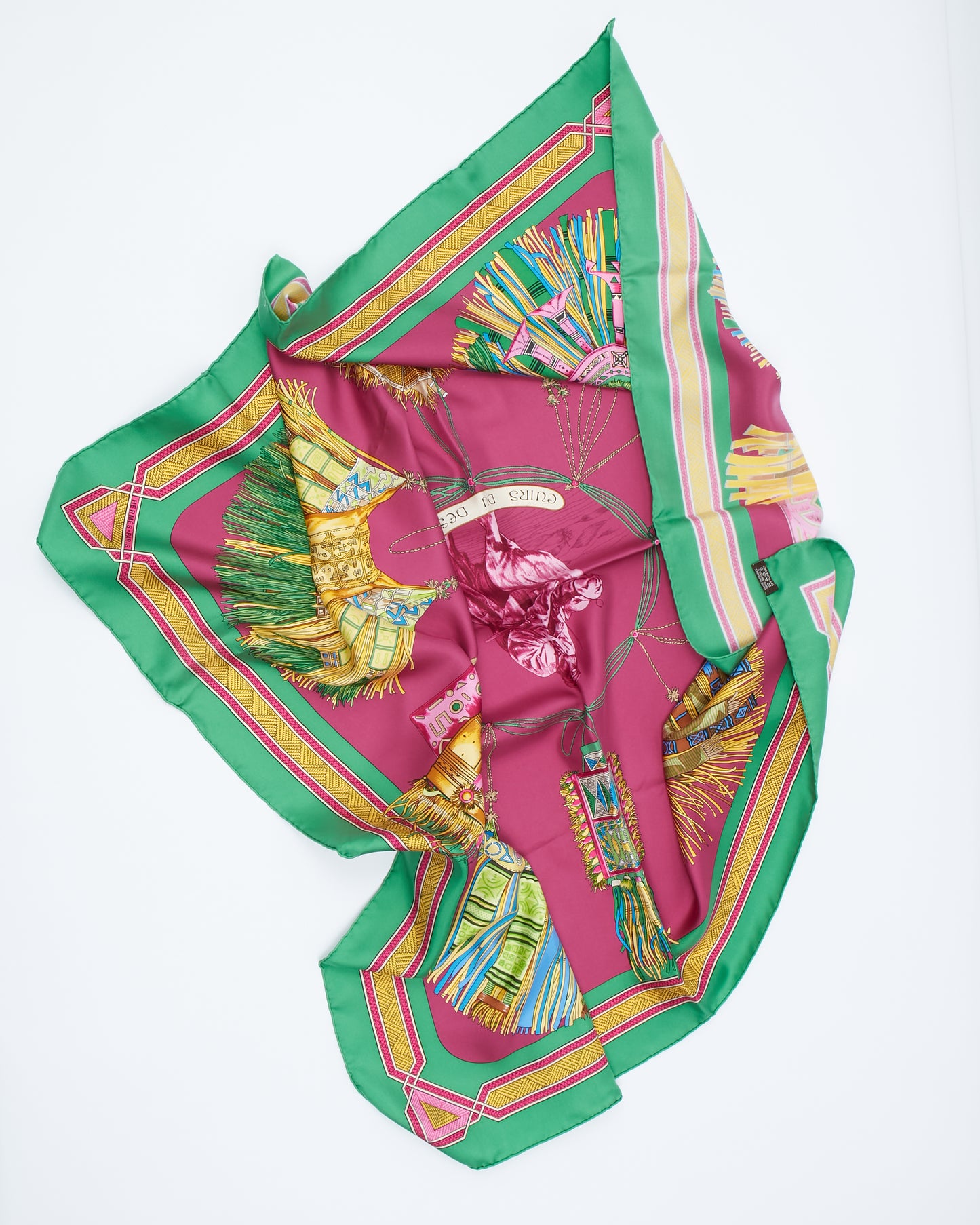 Hermes Vert/Fuchsia/Jaune Cuirs Du Desert Print Silk Scarf 90