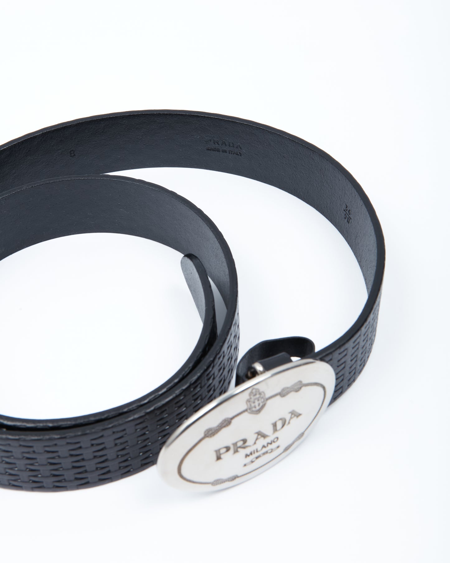 Prada Silver Oval Buckle Logo Black Leather Belt - 36/90