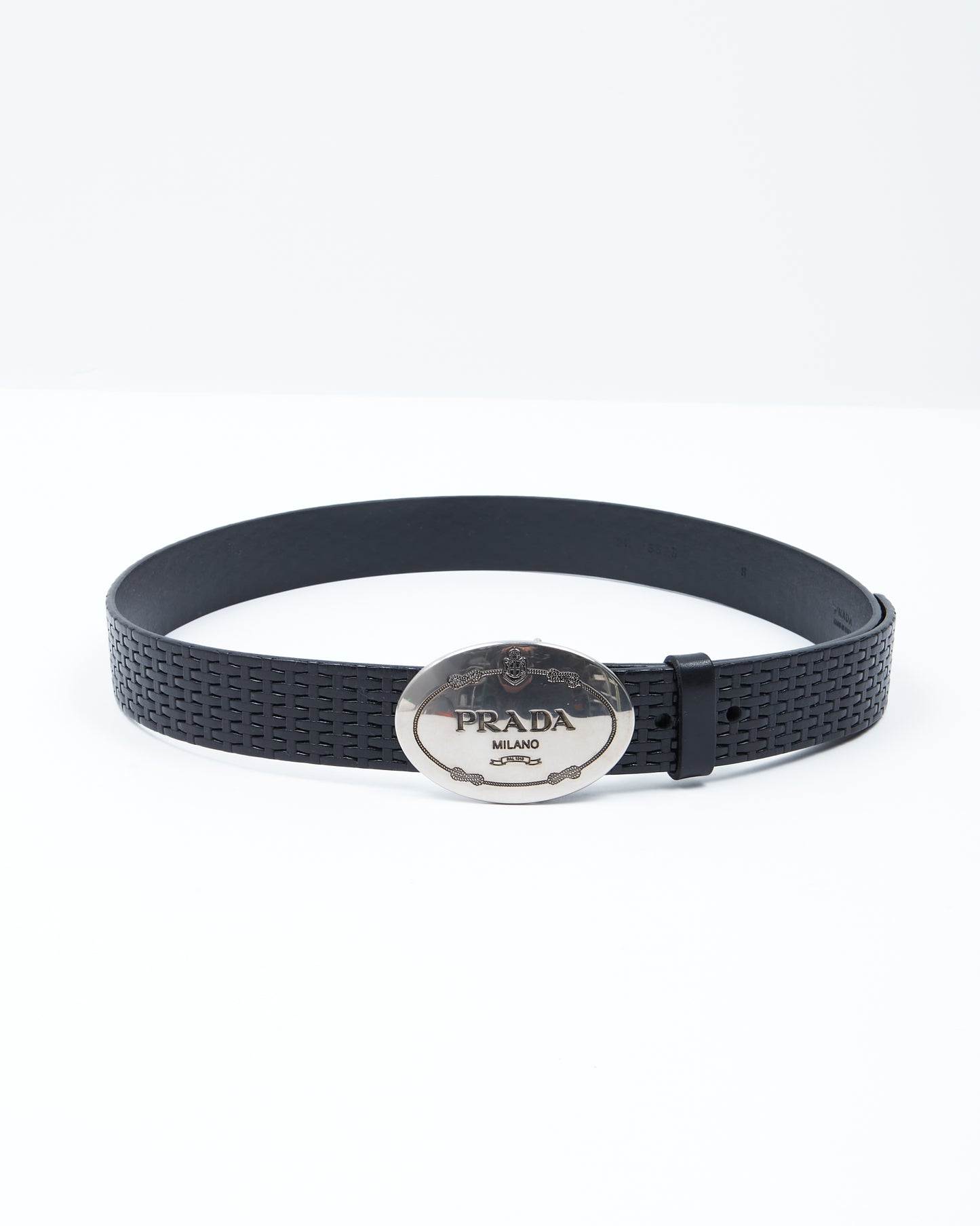 Prada Silver Oval Buckle Logo Black Leather Belt - 36/90