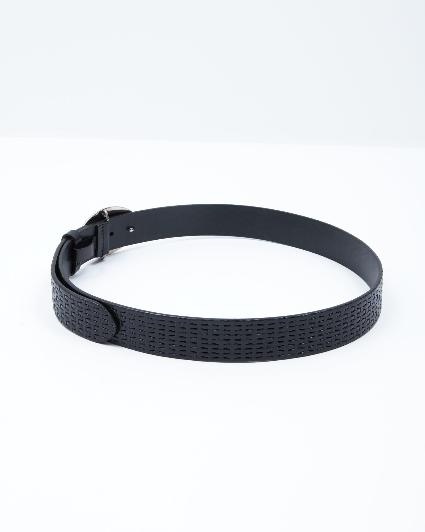 Prada Silver Oval Buckle Logo Black Leather Belt - 36/90