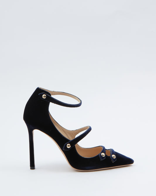 Jimmy Choo Blue Velvet Strappy Point Toe Heel - 39