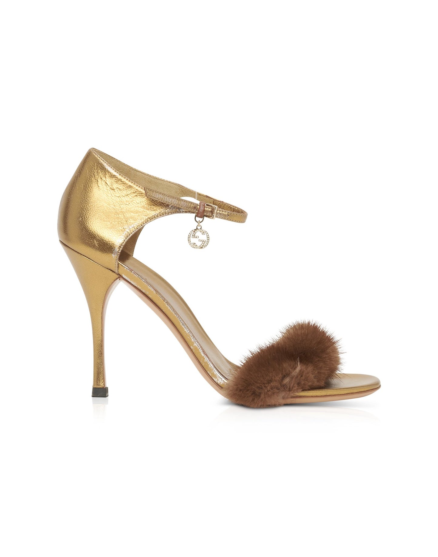 Gucci Gold "Tom Ford Era" Brown Fur Open Toe Heeled Sandals - 8.5B