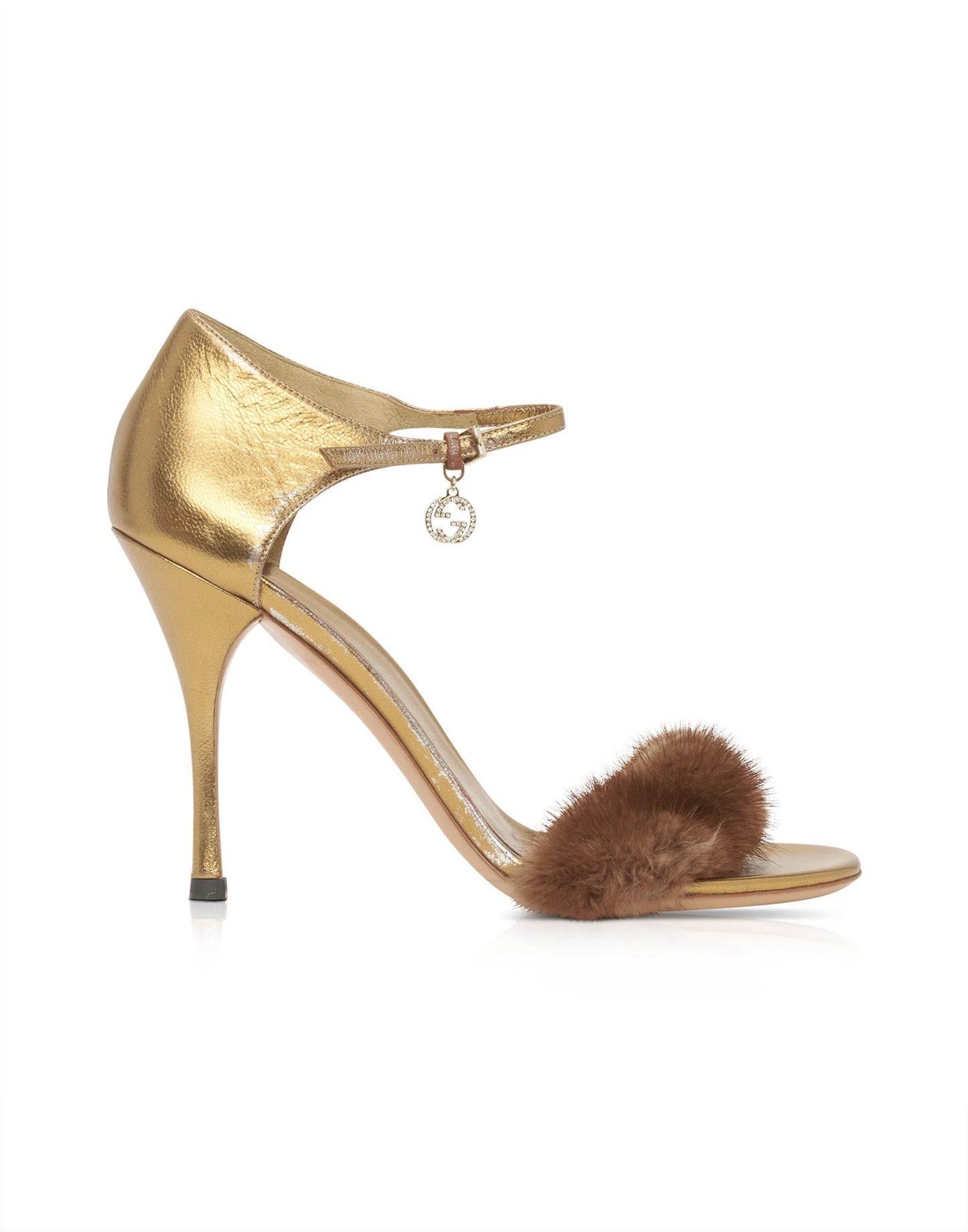 Gucci Gold "Tom Ford Era" Brown Fur Open Toe Heeled Sandals - 8.5B