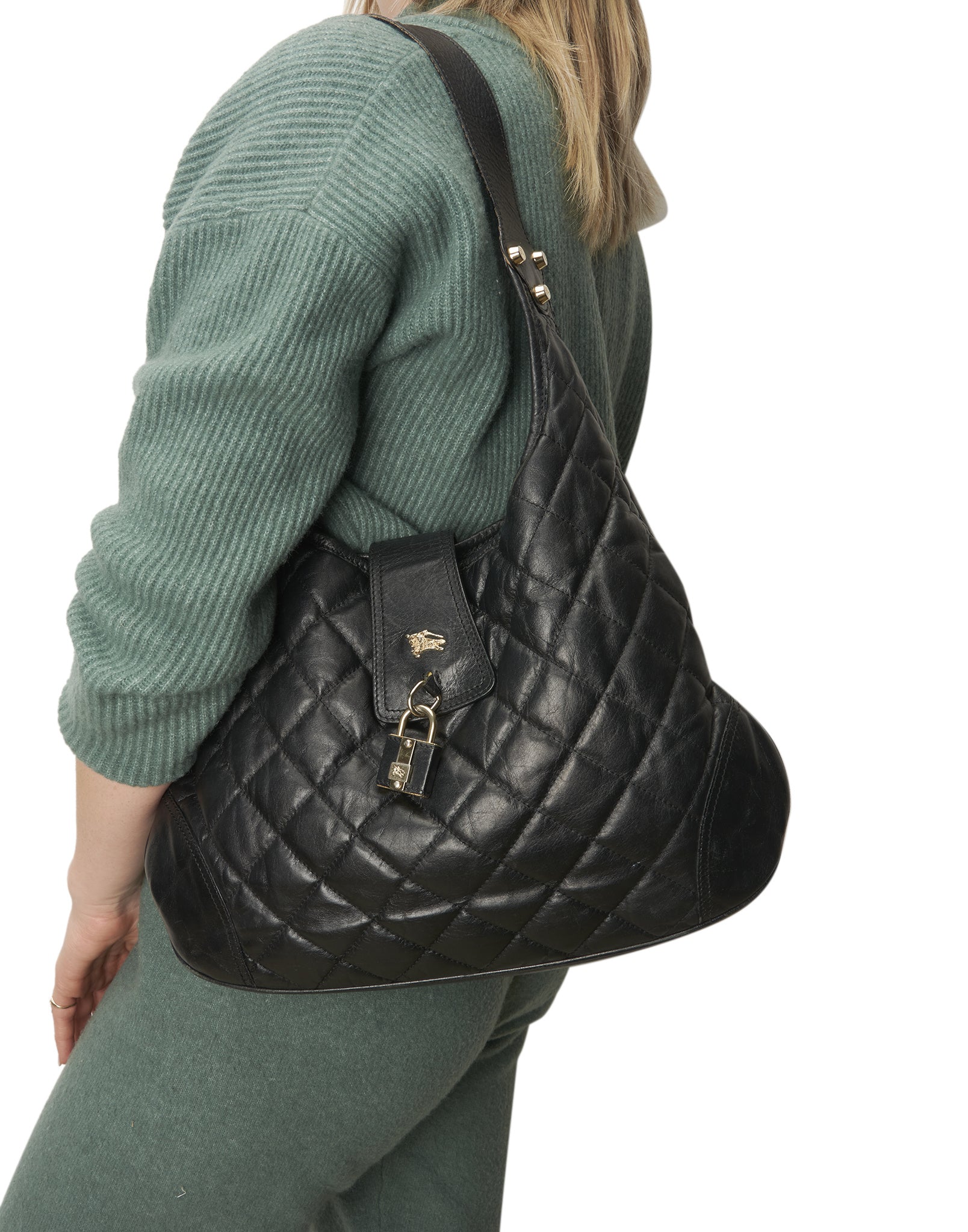 Burberry Black Leather Quilted Hobo Shoulder Bag