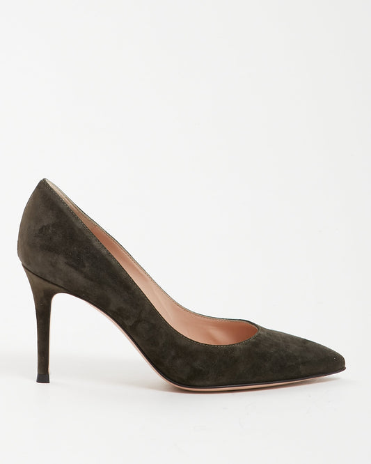 Gianvito Rossi Dark Olive Suede 85 Point Toe Heel - 36