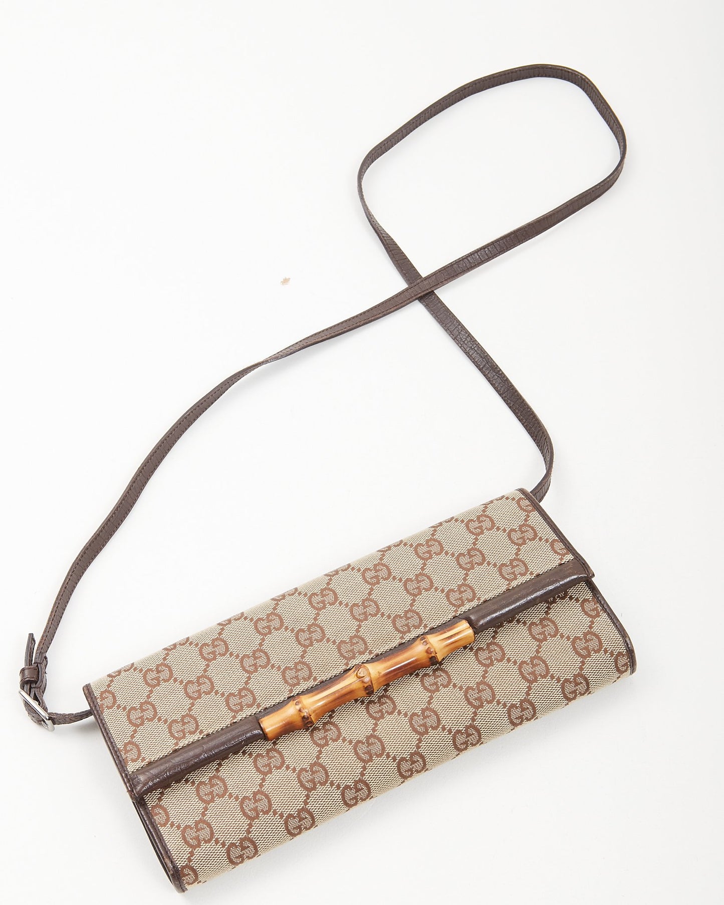 Gucci Brown GG Supreme Canvas Bar Bamboo Clutch