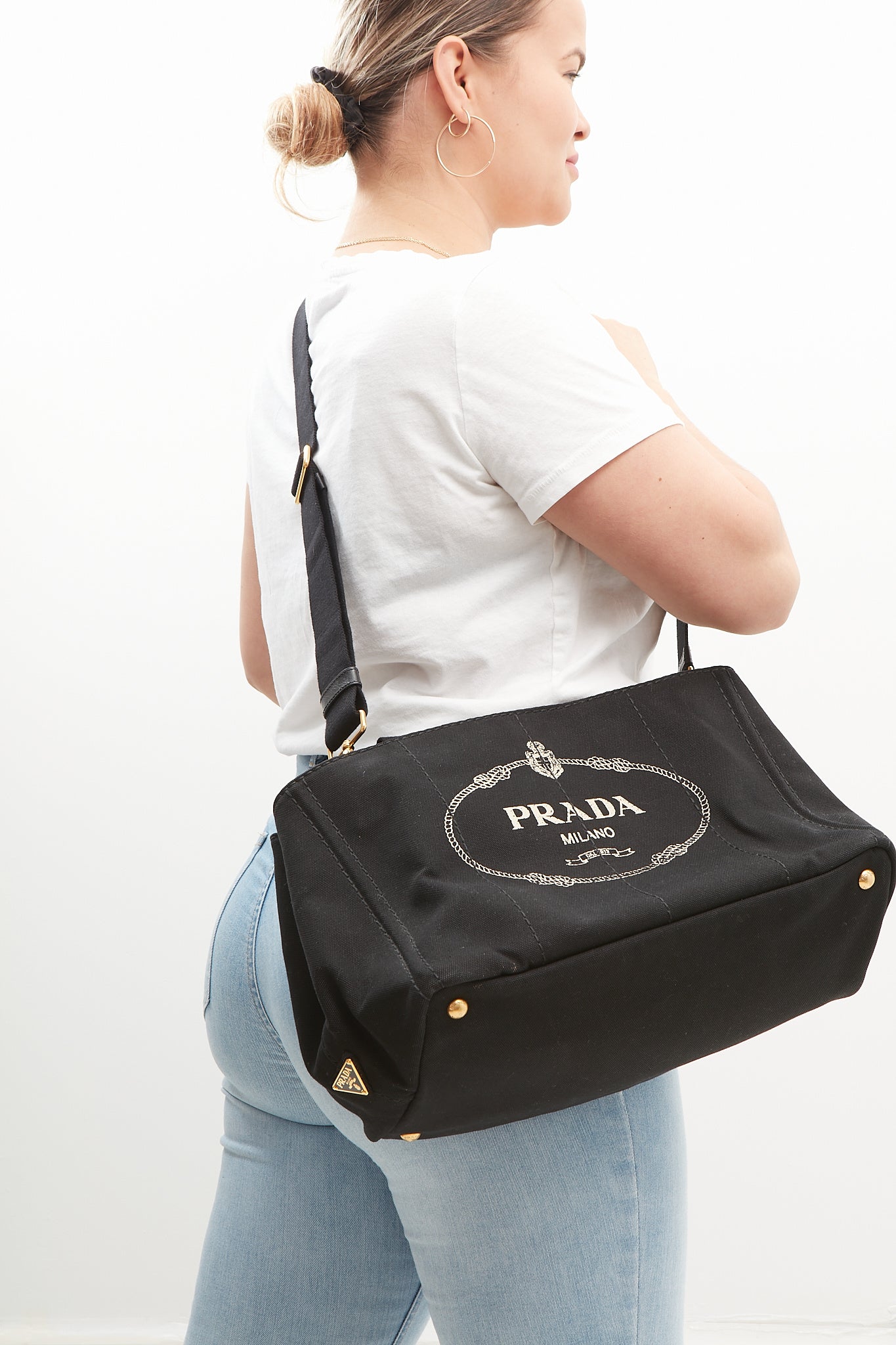 Prada Black Canvas Canapa Logo Medium Convertible Tote