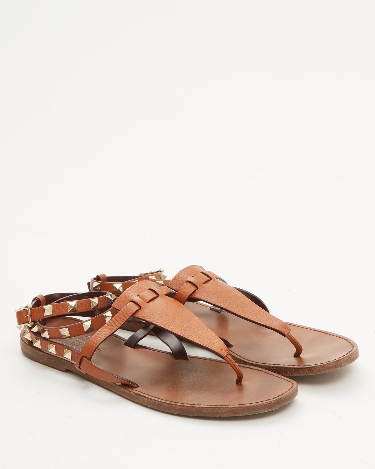 Valentino Tan Grained Leather Wrap Rockstud Sandals- 38