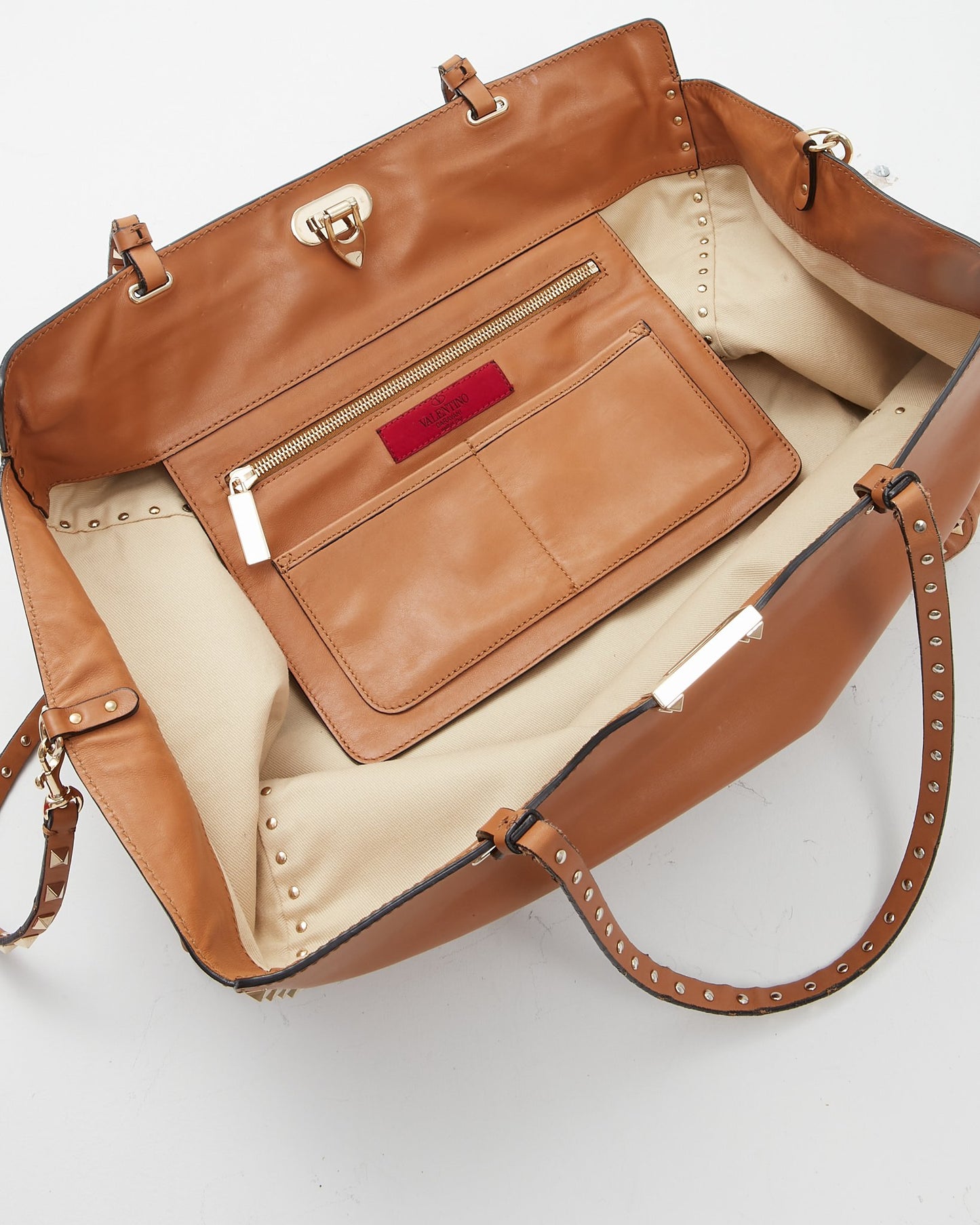 Valentino Tan Smooth Leather Rockstud Tote Bag