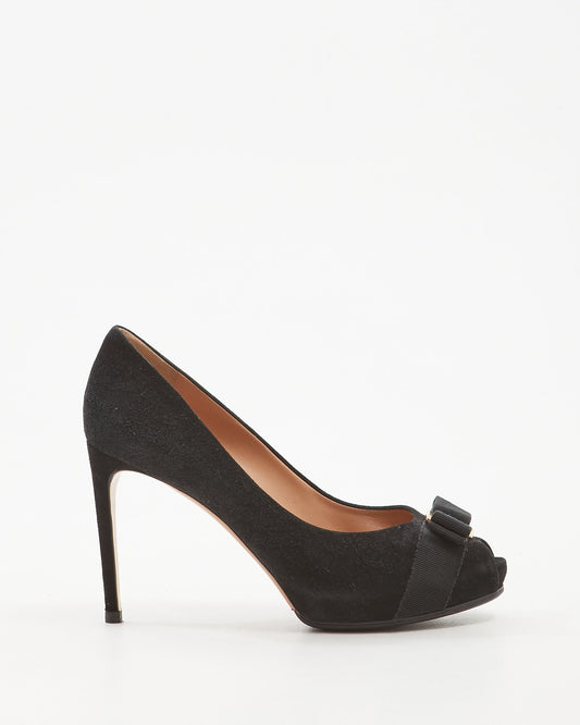 Salvatore Ferragamo Black Suede Rosella Bow Peep Toe Pumps - 9