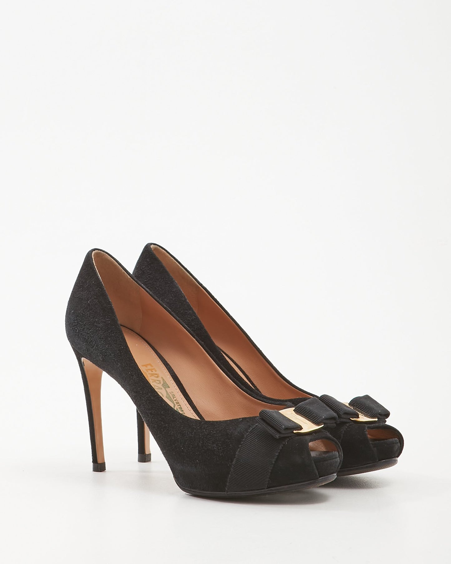 Salvatore Ferragamo Black Suede Rosella Bow Peep Toe Pumps - 9