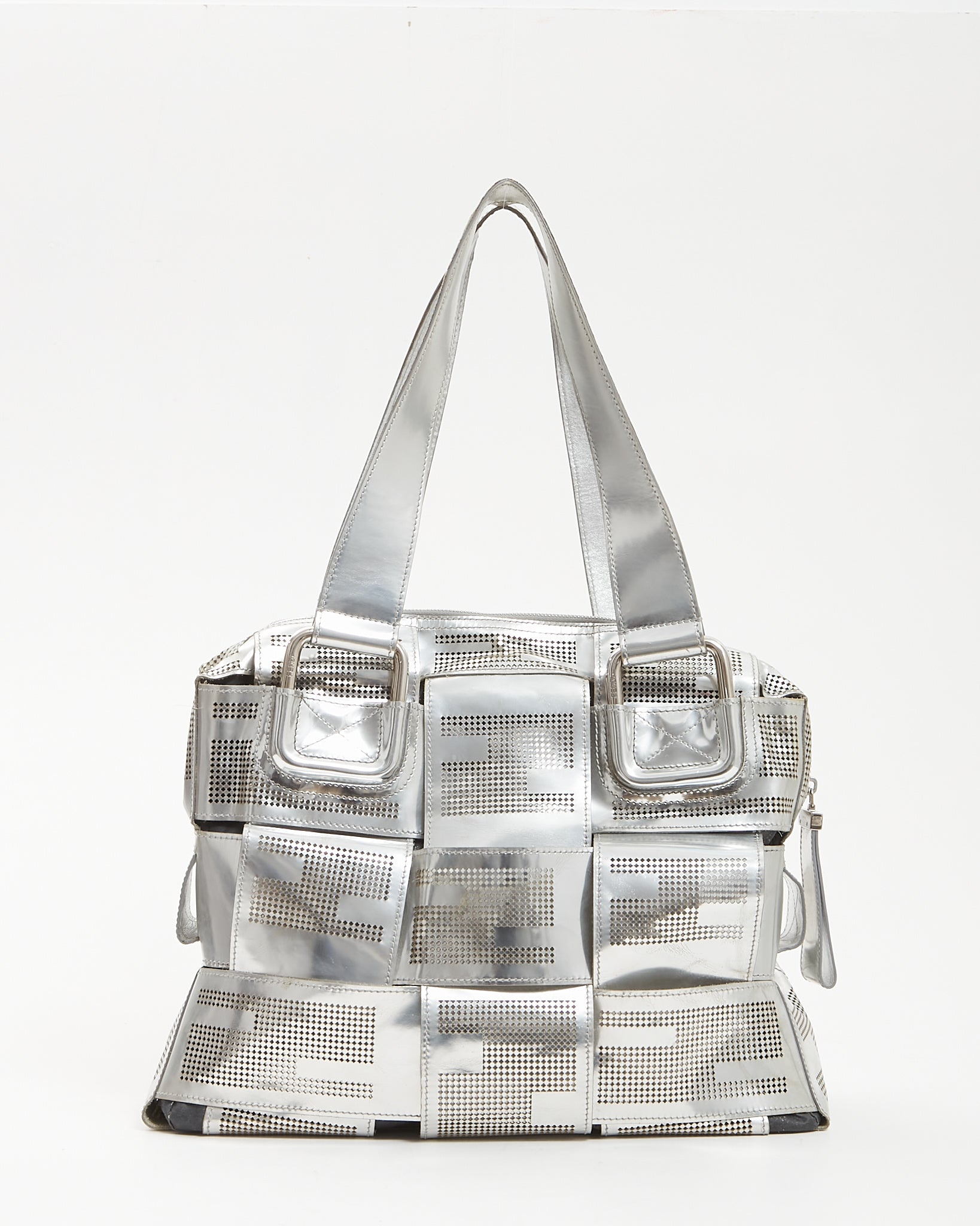 Fendi Silver Metallic Leather Crossword Tote Zipper Bag