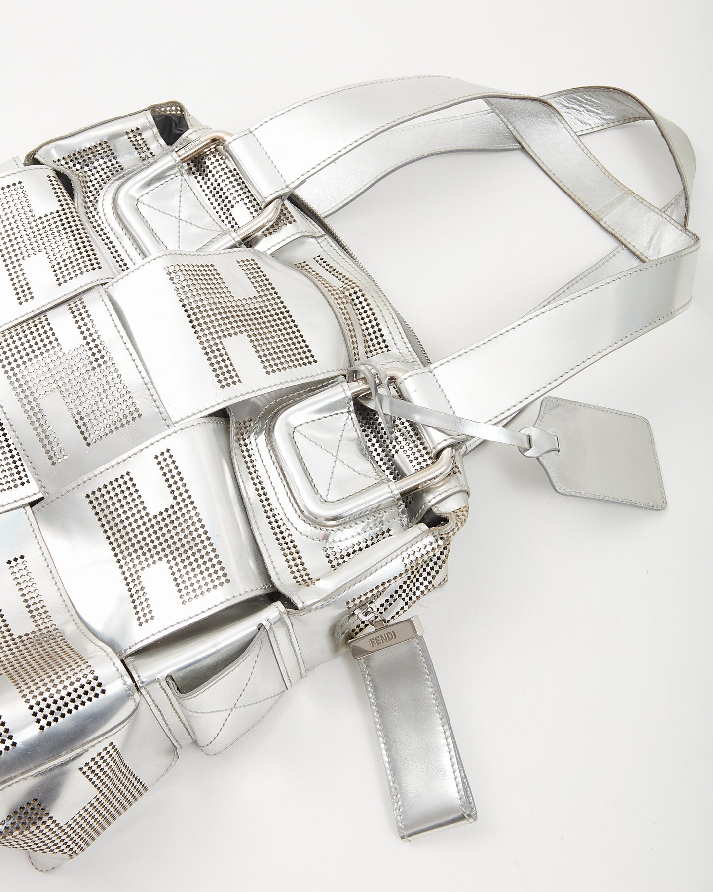 Fendi Silver Metallic Leather Crossword Tote Zipper Bag