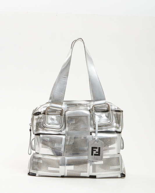 Fendi Silver Metallic Leather Crossword Tote Zipper Bag