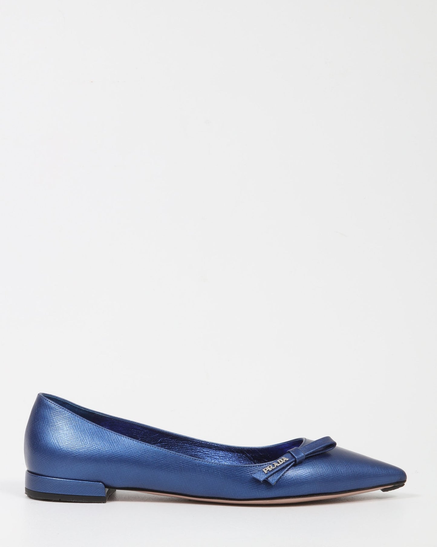 Prada Blue Metallic Saffiano Point Toe Flats - 39