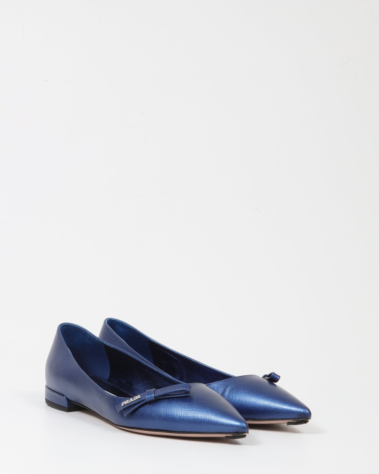 Prada Blue Metallic Saffiano Point Toe Flats - 39