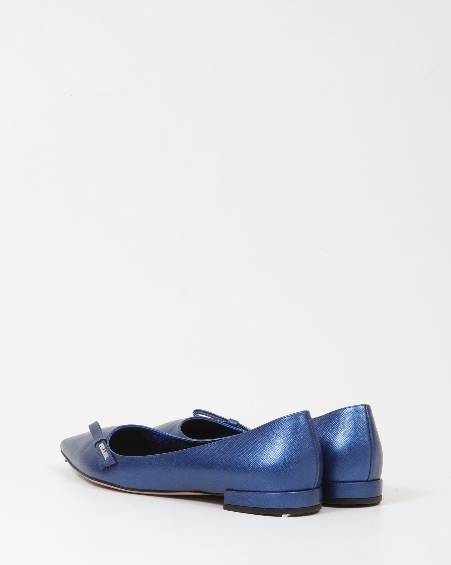 Prada Blue Metallic Saffiano Point Toe Flats - 39