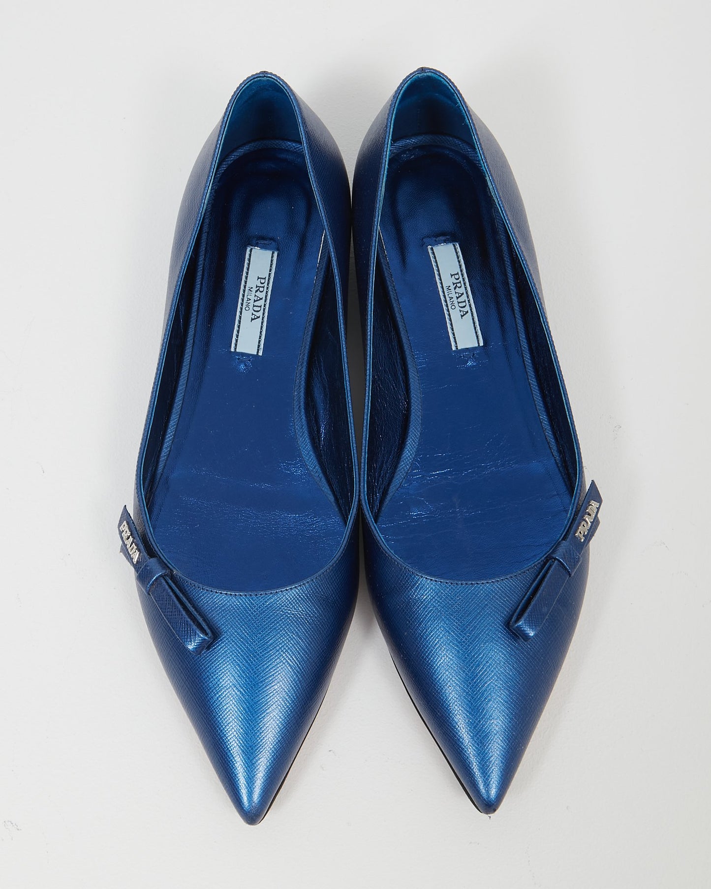 Prada Blue Metallic Saffiano Point Toe Flats - 39