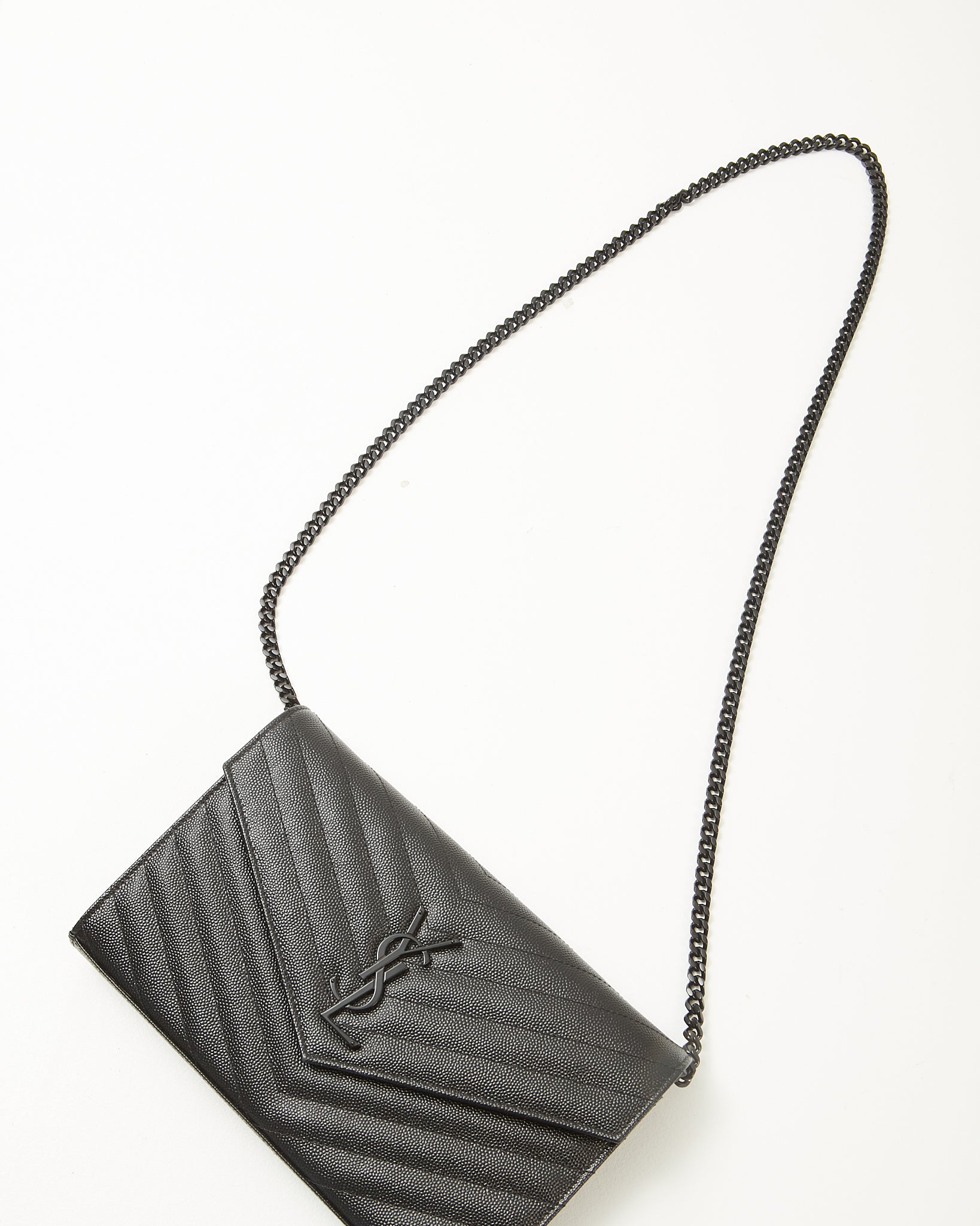 Saint Laurent Black Chevron Leather Matelassé BHW Wallet On Chain