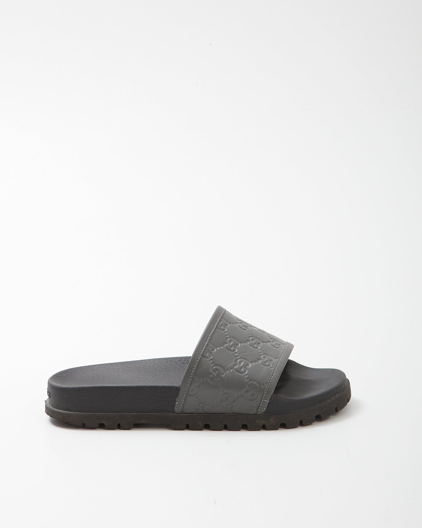 Gucci Grey Leather GG Logo Slides - 6