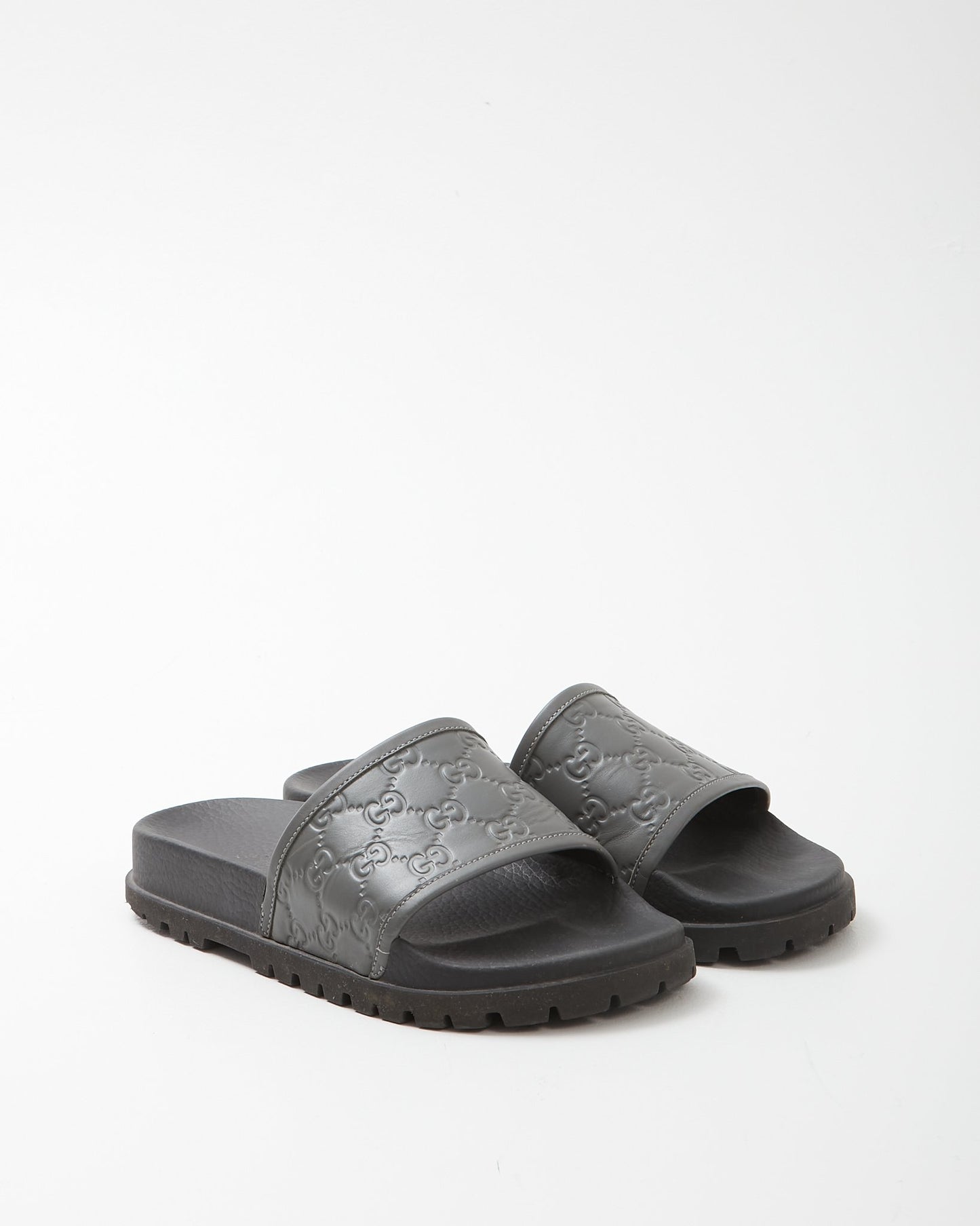 Gucci Grey Leather GG Logo Slides - 6