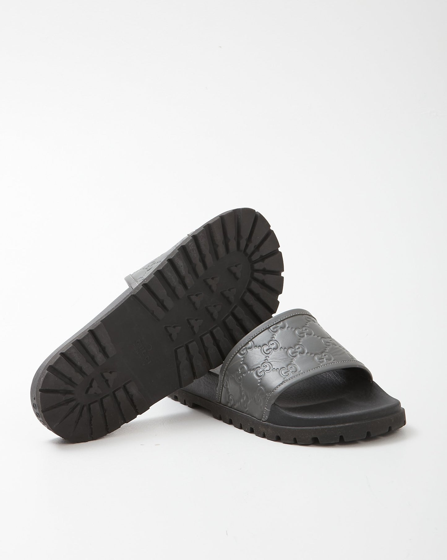 Gucci Grey Leather GG Logo Slides - 6