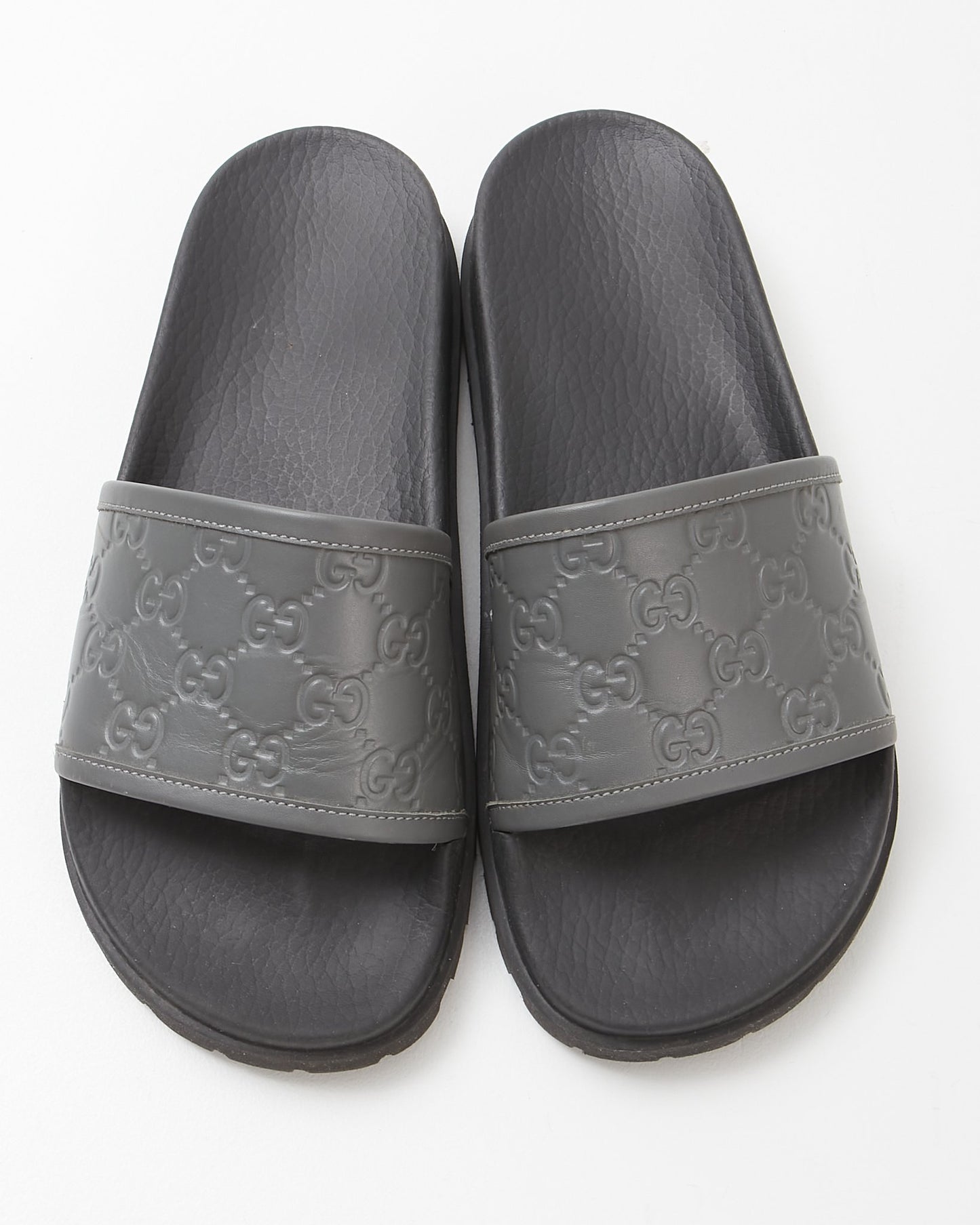 Gucci Grey Leather GG Logo Slides - 6