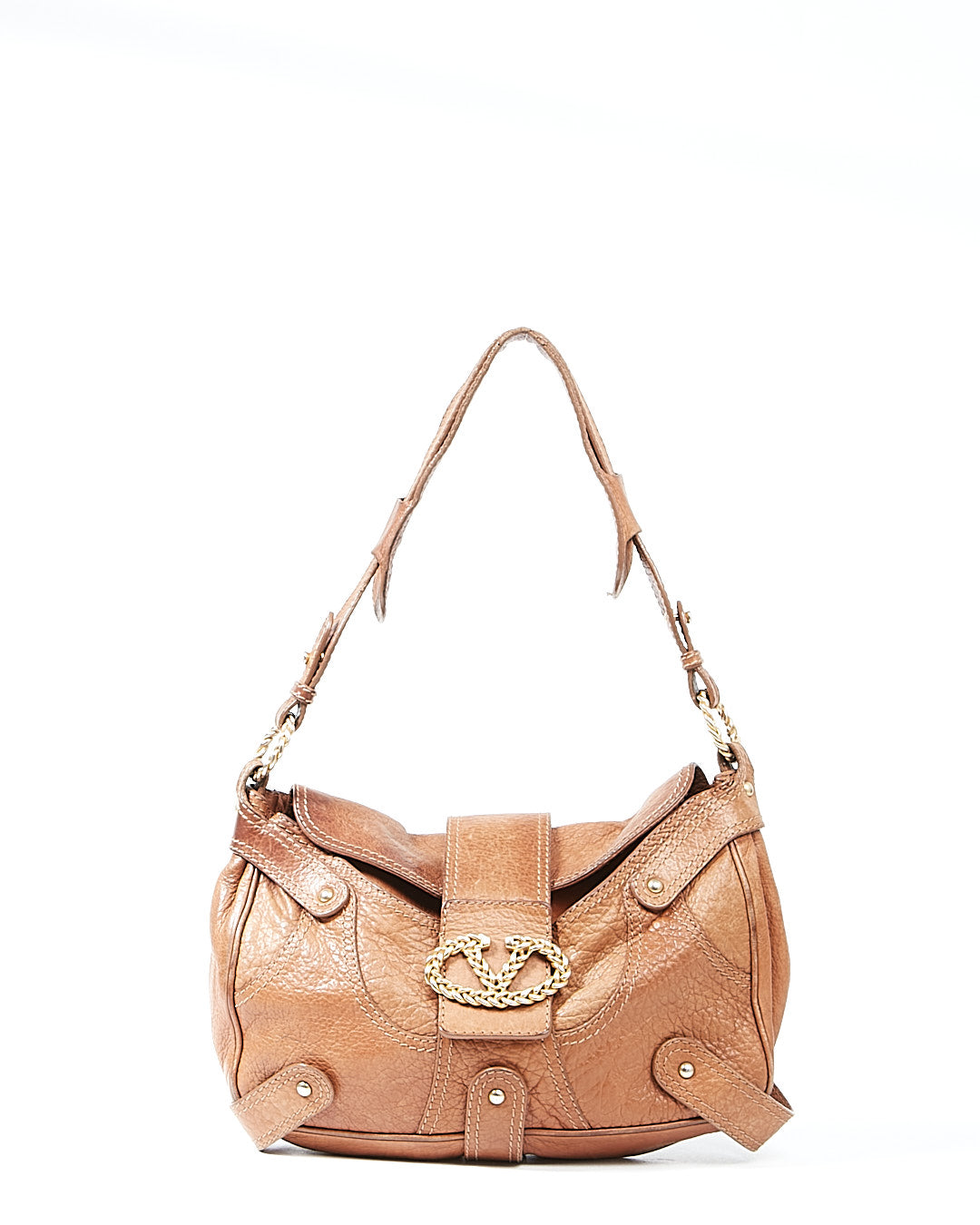 Valentino Brown Vintage Leather Logo Shoulder Bag