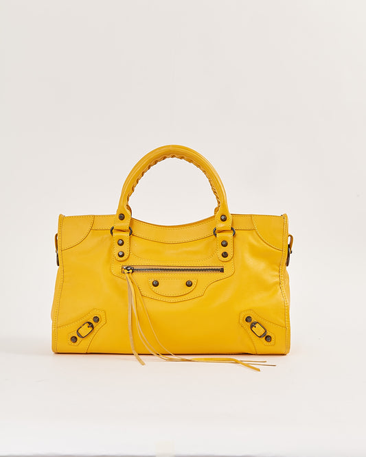 Balenciaga Mustard Yellow Leather Motocross Classic City Bag