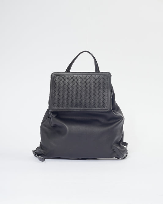 Bottega Veneta Black Leather Intrecciato Detail Backpack Bag