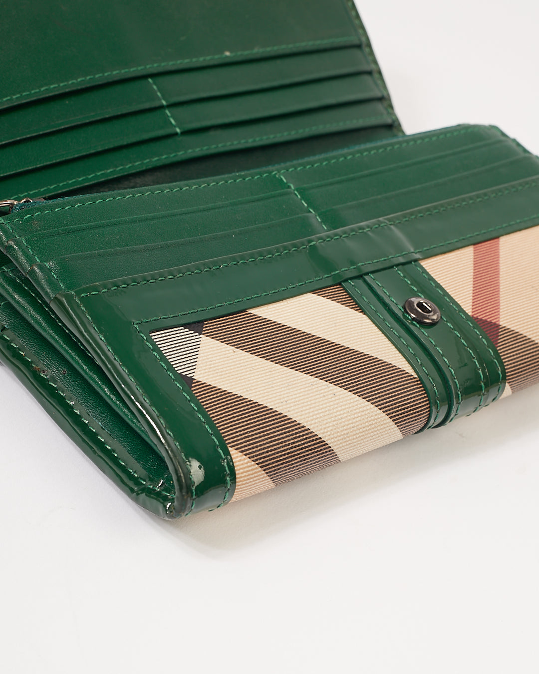 Burberry Green Patent Nova Check Large Frame Wallet