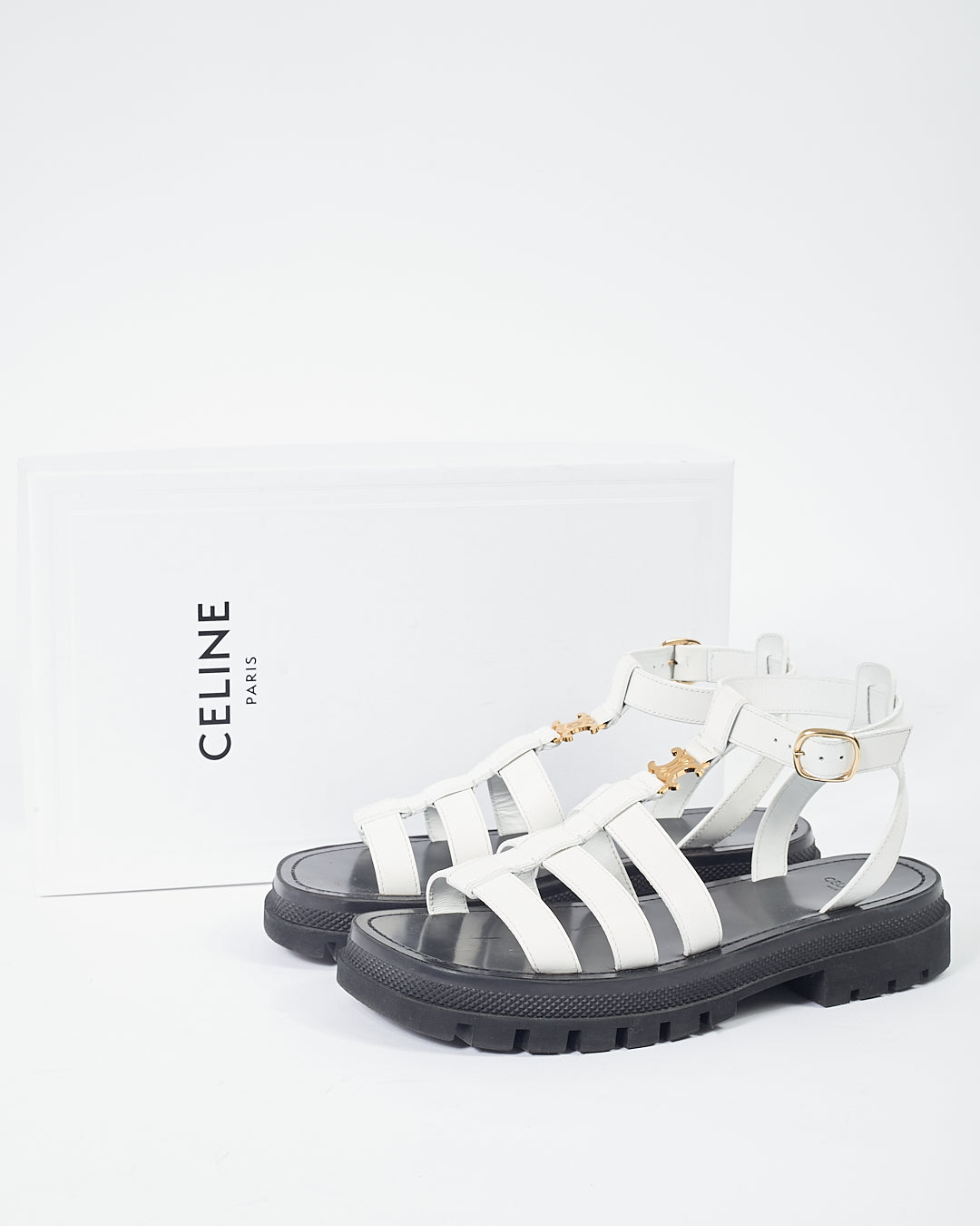 Celine White Leather Clea Triomphe Gladiator Chunky Sandals - 40