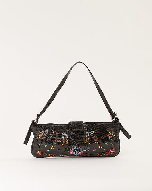 Fendi Black Python Embroidered Baguette Shoulder Bag