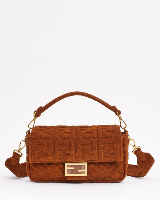 Fendi Brown Terry Cloth Fabric Baguette Bag with Shoulder Strap