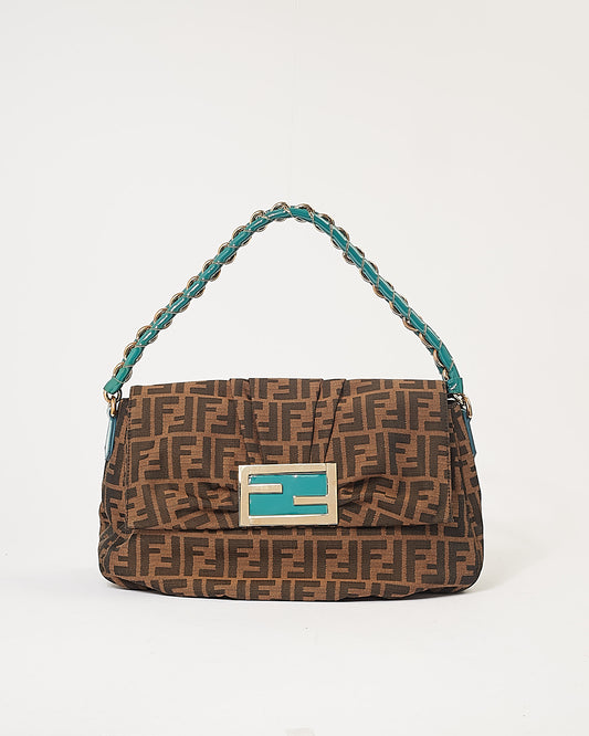 Fendi Zucca Canvas Turquoise Patent Leather Braided Mia Shoulder Bag