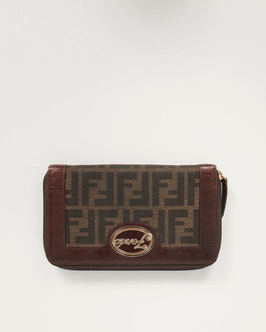 Fendi Brown Zucca Coated Canvas Gold Logo Emblem Zippy Wallet