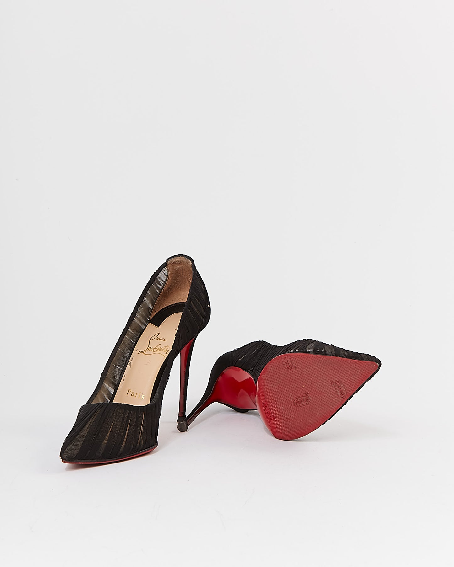 Louboutin Black Follie Draperia Chiffon Red Sole Pump - 37