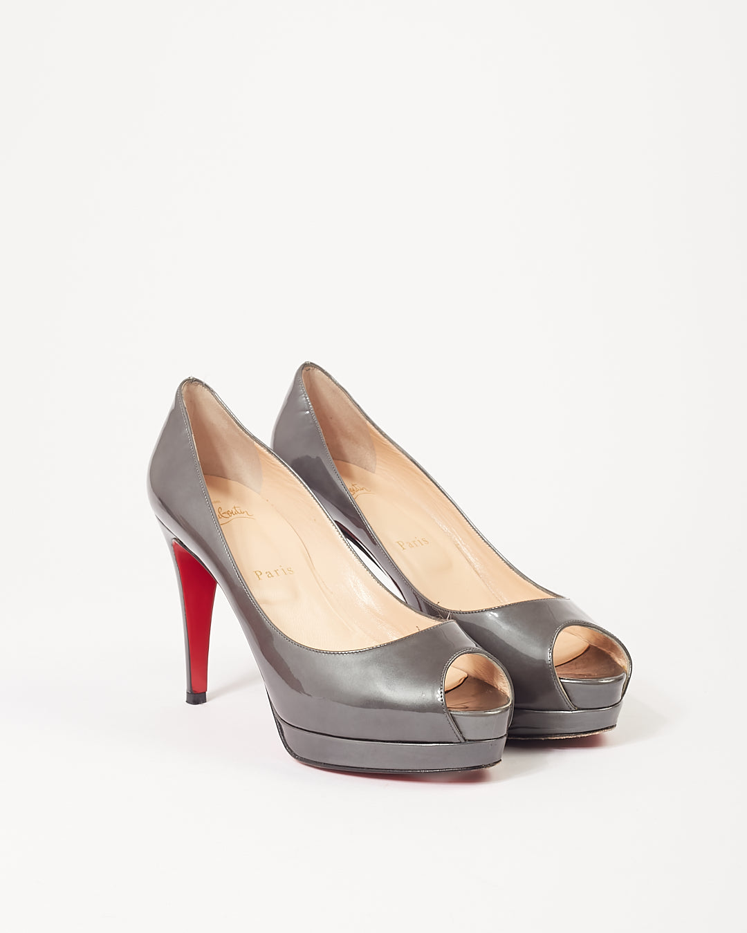 Christian Louboutin Grey Patent Metallic Peep Toe Heels - 36.5