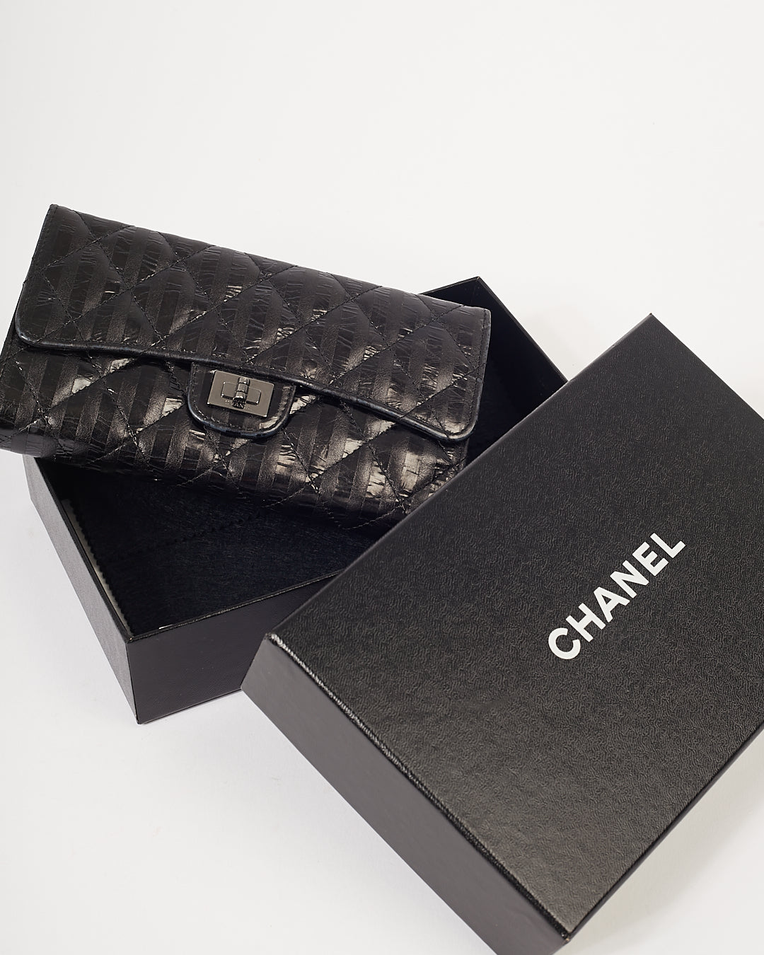 Chanel Black Striped Glazed Calfskin Reissue Long Flap Wallet