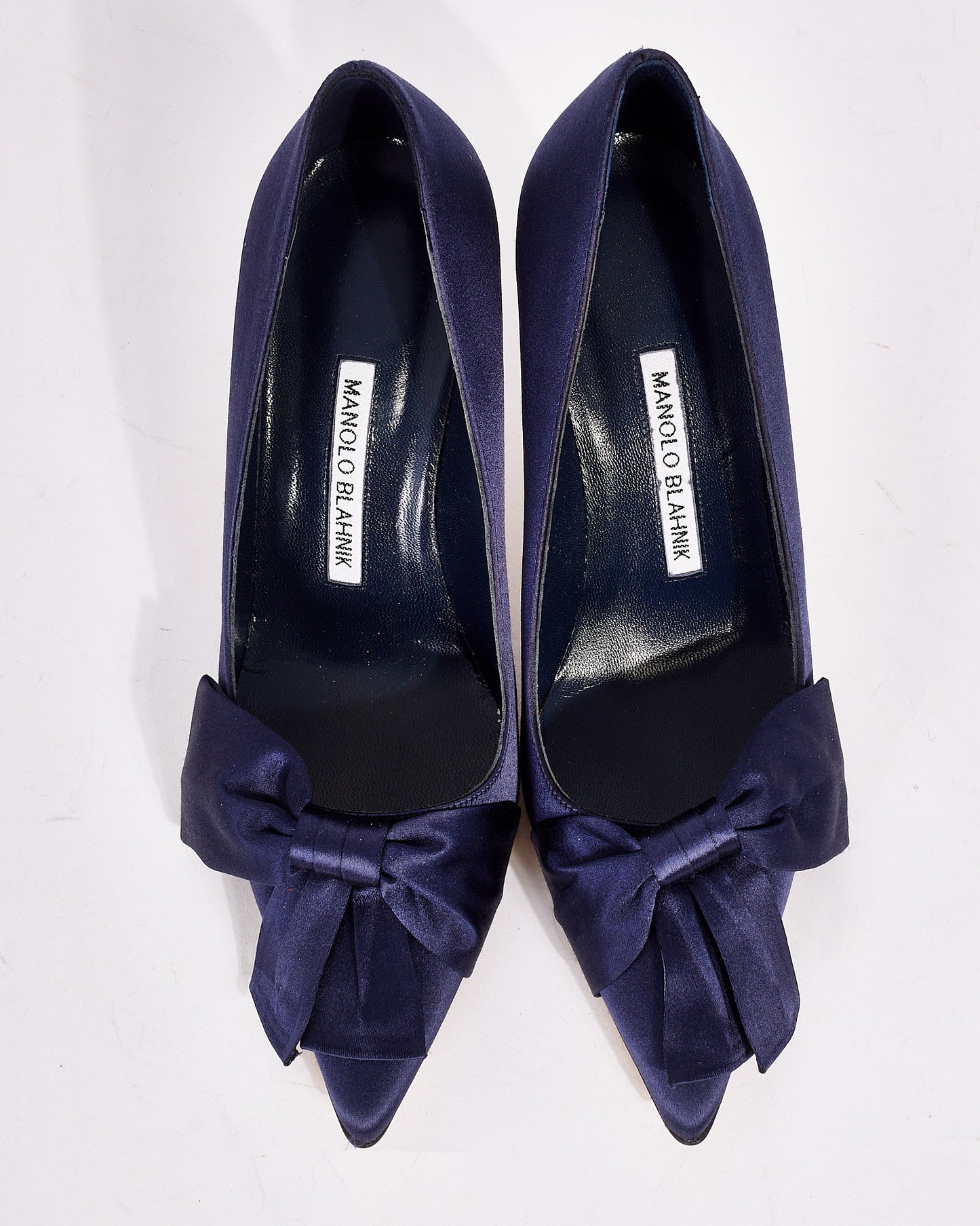 Manolo Blahnik Navy Satin Bow Point Toe Pumps - 37