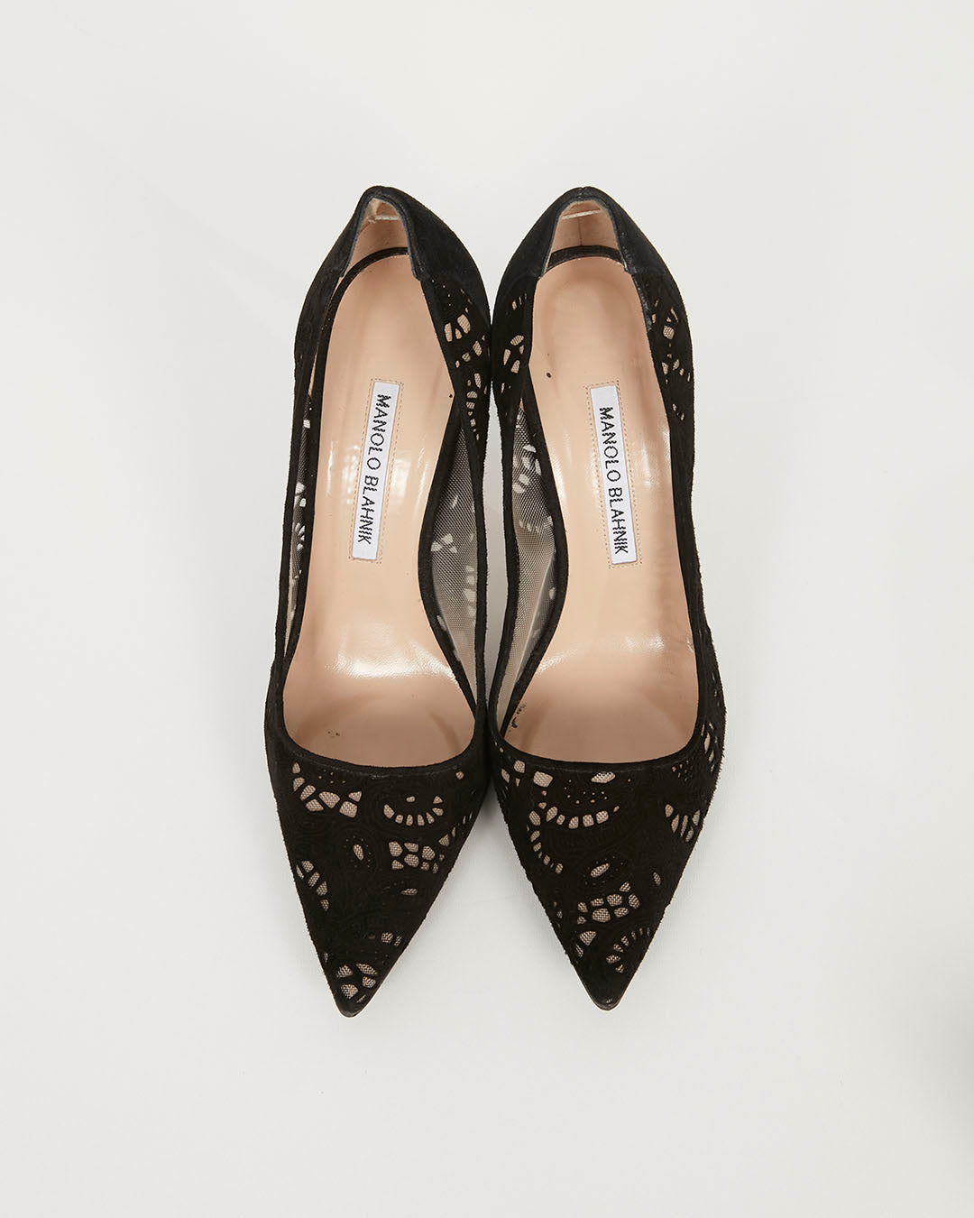 Manolo Blahnik Black Suede Lace Pointed Toe Pumps - 37