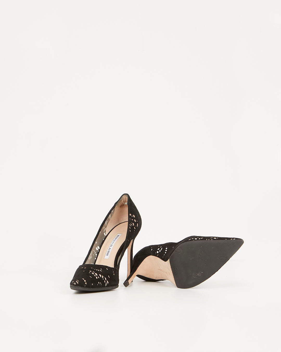 Manolo Blahnik Black Suede Lace Pointed Toe Pumps - 37