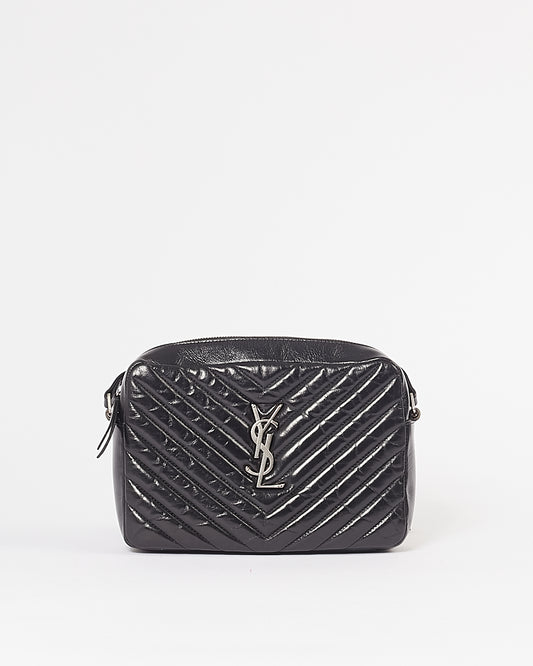 Saint Laurent Black Crinkled Leather Chevron Matelasse Lou Camera Bag