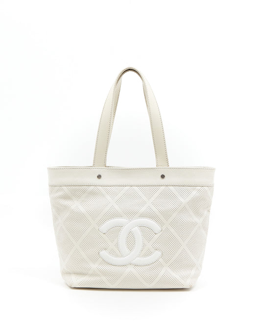 Chanel White Leather CC Perforated Tote Bag