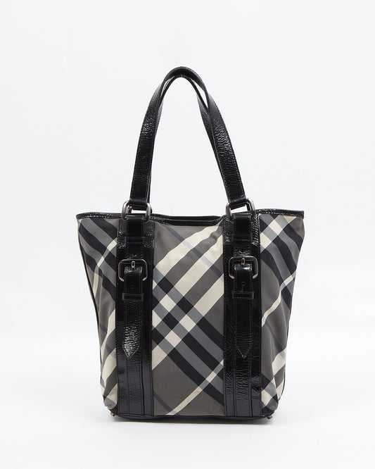 Burberry Grey Nova Check Canvas 
Patent Leather Tote Bag