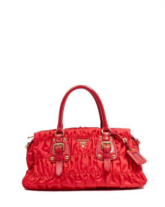 Prada Red Tessuto Nylon Gauffre Ruched Shoulder Bag