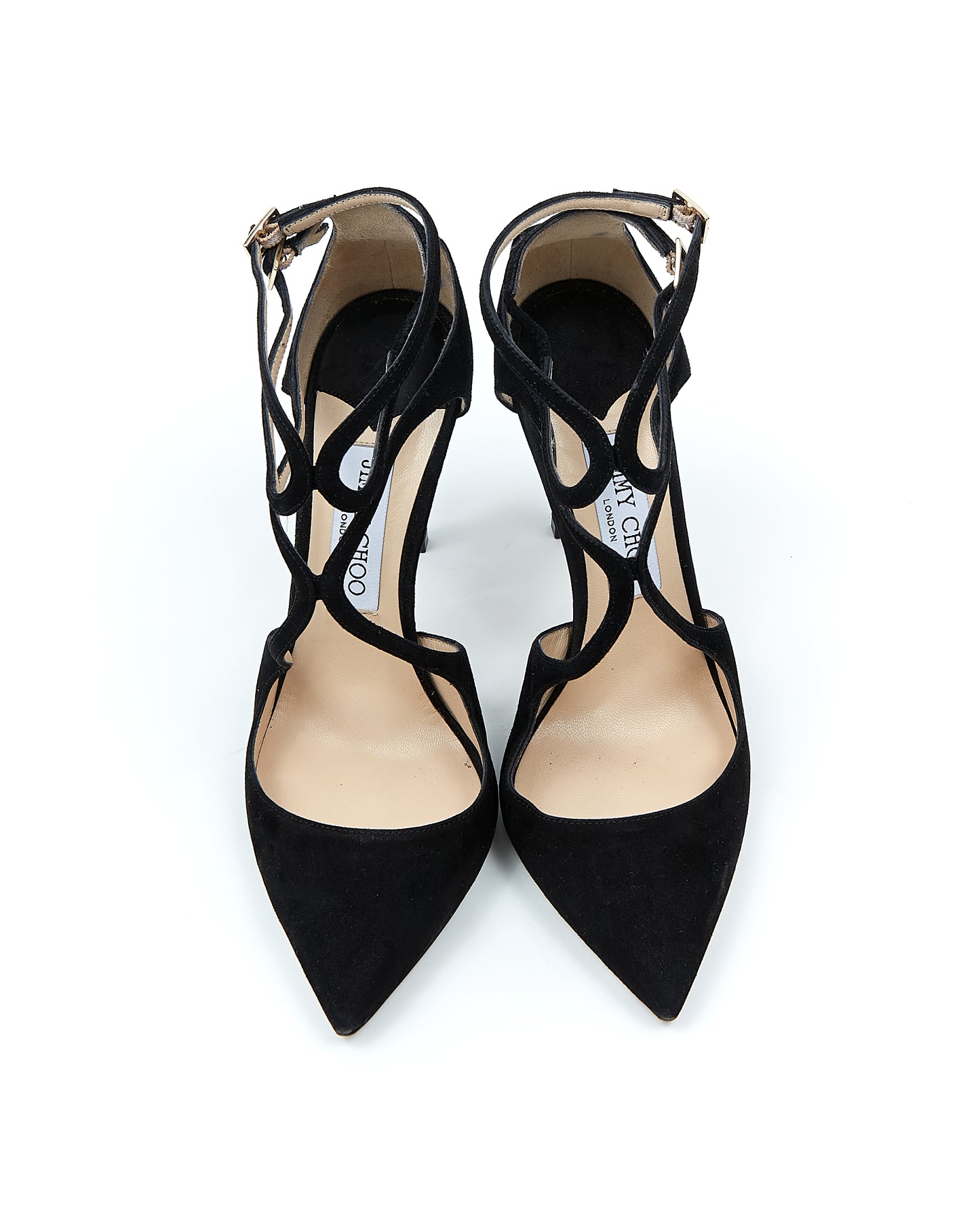 Jimmy Choo Black Suede Strappy Point Toe Heel - 38.5