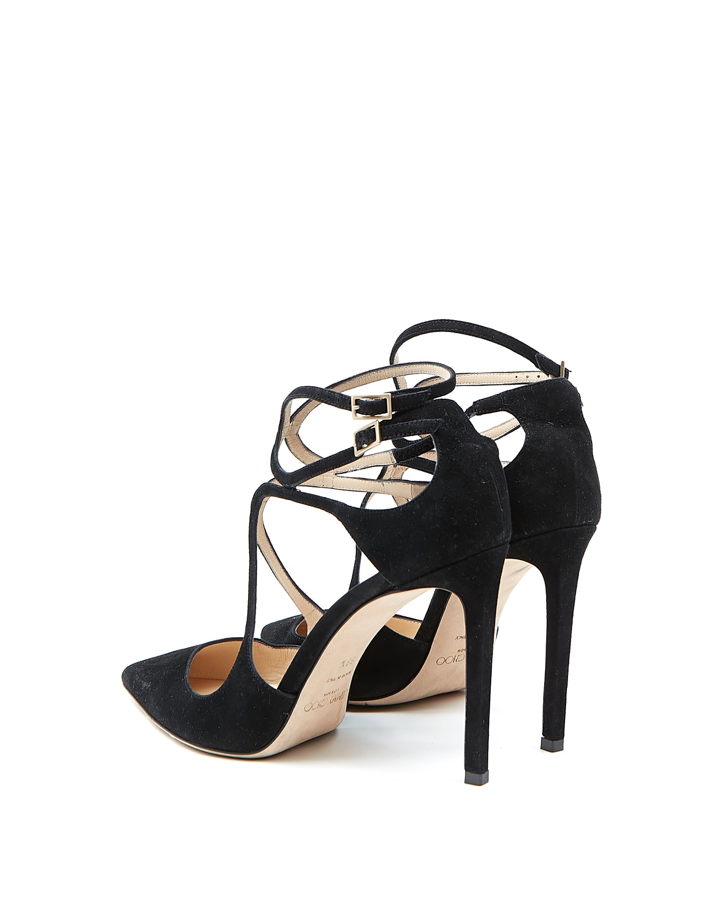 Jimmy Choo Black Suede Strappy Point Toe Heel - 38.5